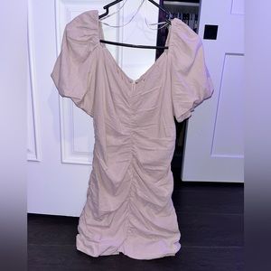 Audrey 3 + 1 Beige Ruched Dress with Sleeves